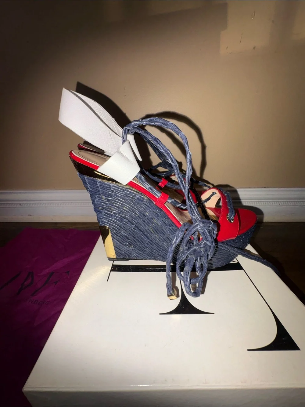 Diane Von Furstenberg Red, White and Black Lace-Up Wedge Sandals
